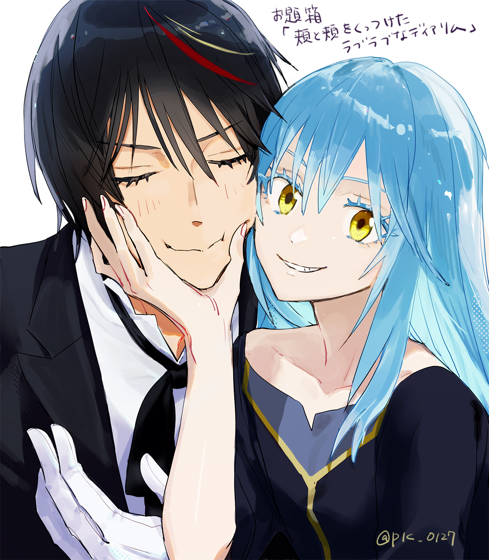 1boy, 1other, androgynous, artist_name, black_hair, black_shirt, blonde_streaks, blue_hair