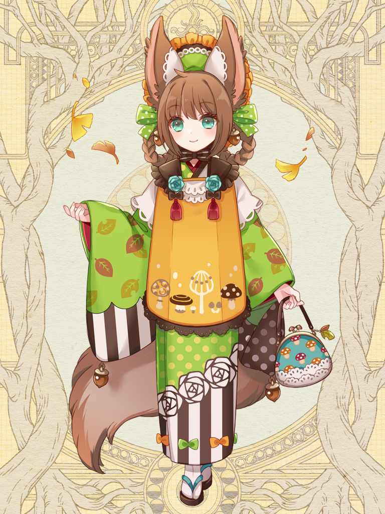 1girl, acorn, animal_ears, aqua_eyes, bag, bibio_(tw), bow, brown_hair