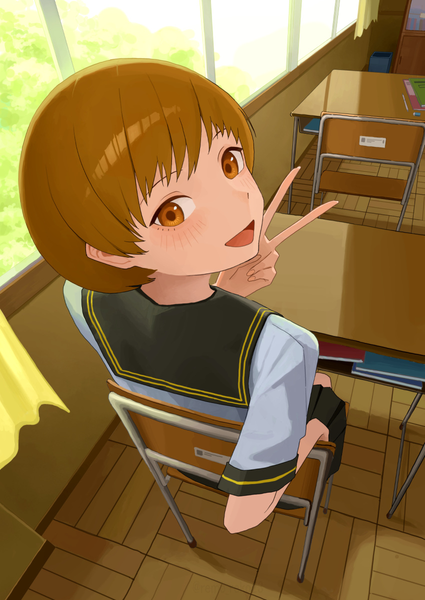 1girl, black_sailor_collar, bob_cut, brown_hair, chair, commentary, desk, highres