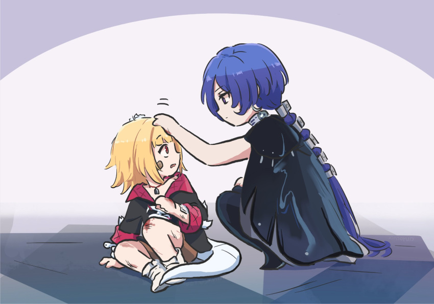 2girls, bandaid, bandaid_on_face, black_cloak, black_jacket, blonde_hair, blood, blood_on_leg