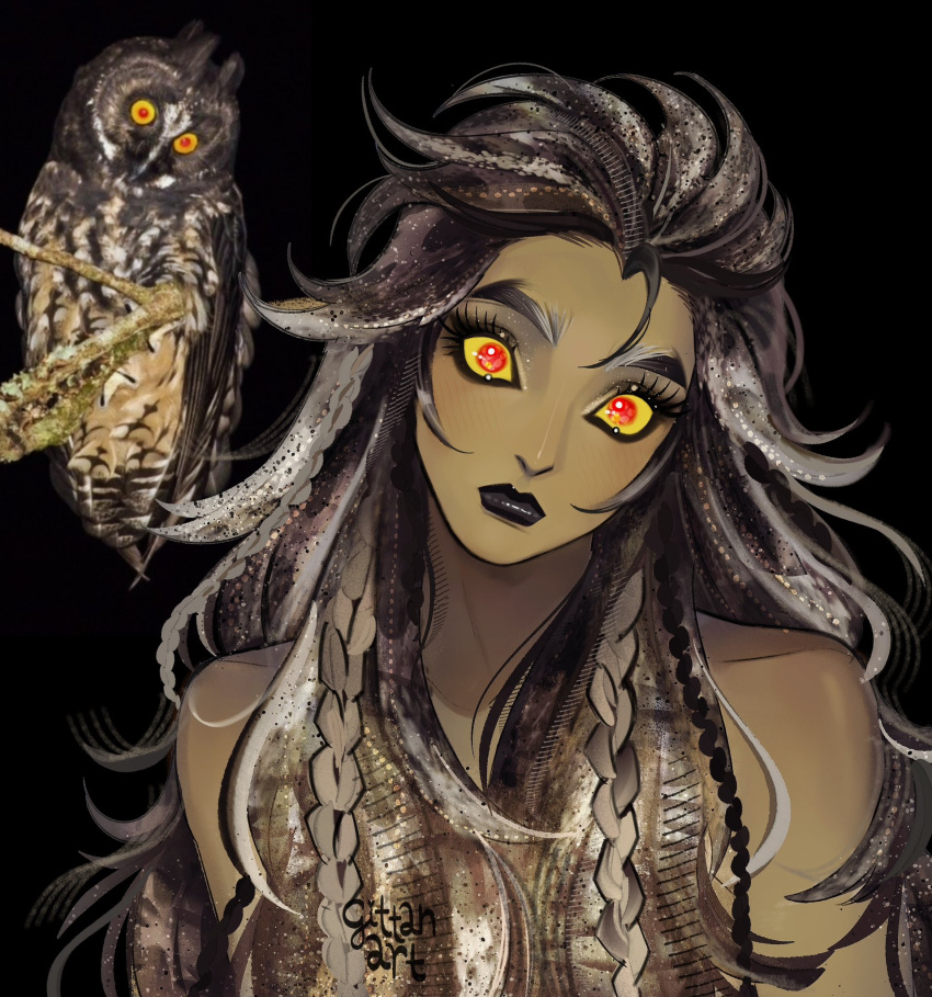 1girl, bare_shoulders, bird, black_background, black_lips, braid, closed_mouth, colored_sclera