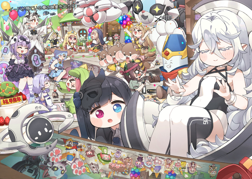 6+girls, :d, ^_^, ahoge, alice_(trickcal), animal_ears, balloon, basket