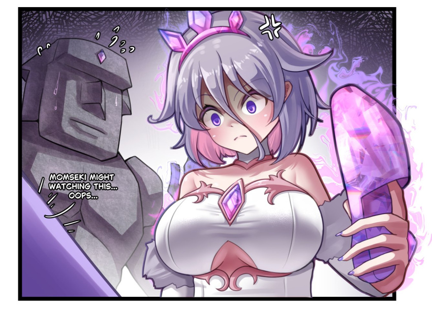1girl, 1other, anger_vein, aura, chest_jewel, dress, gem_hair_ornament, hair_between_eyes