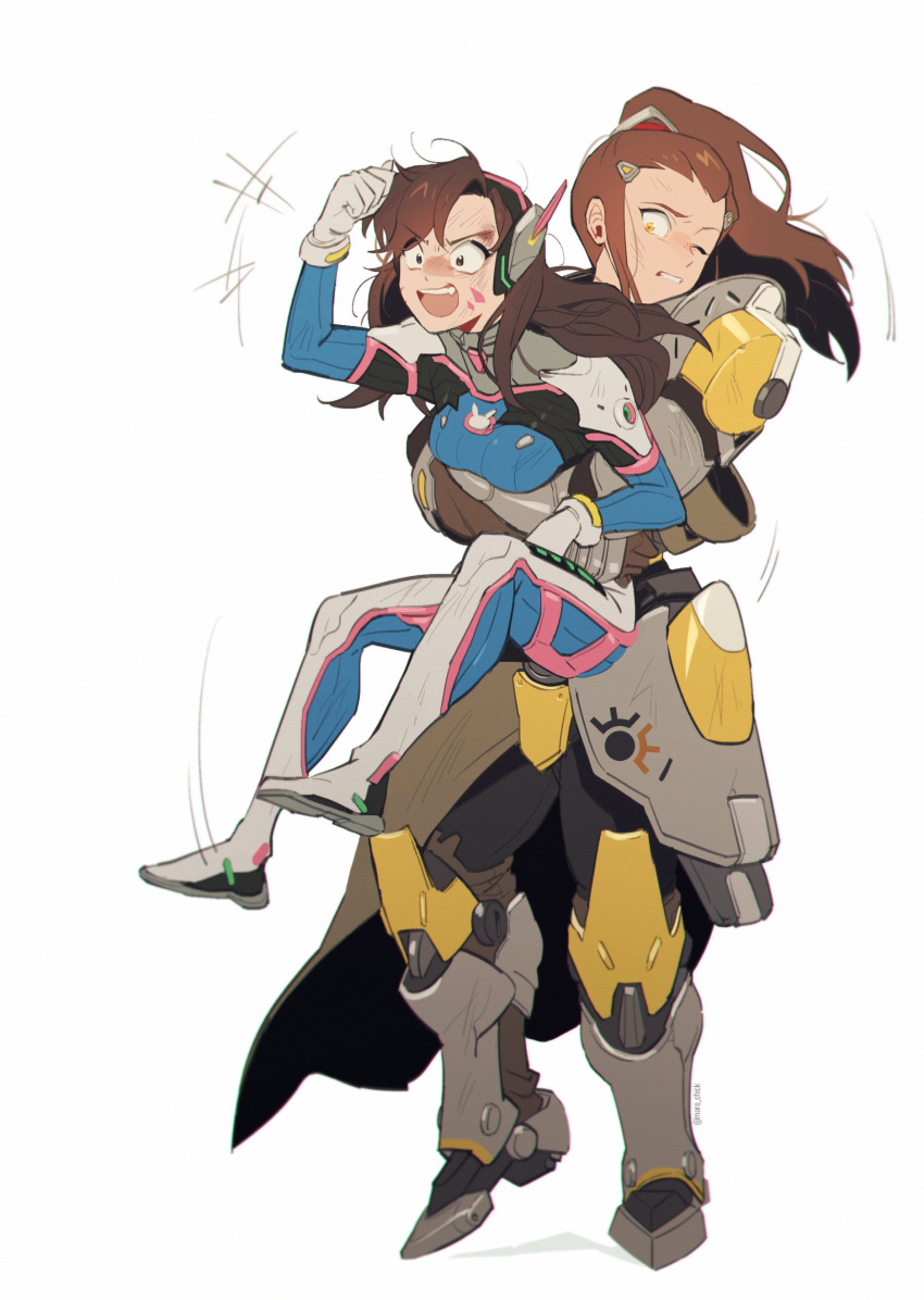 2girls, absurdres, armor, brigitte_(overwatch), brown_eyes, brown_hair, carrying, carrying_person