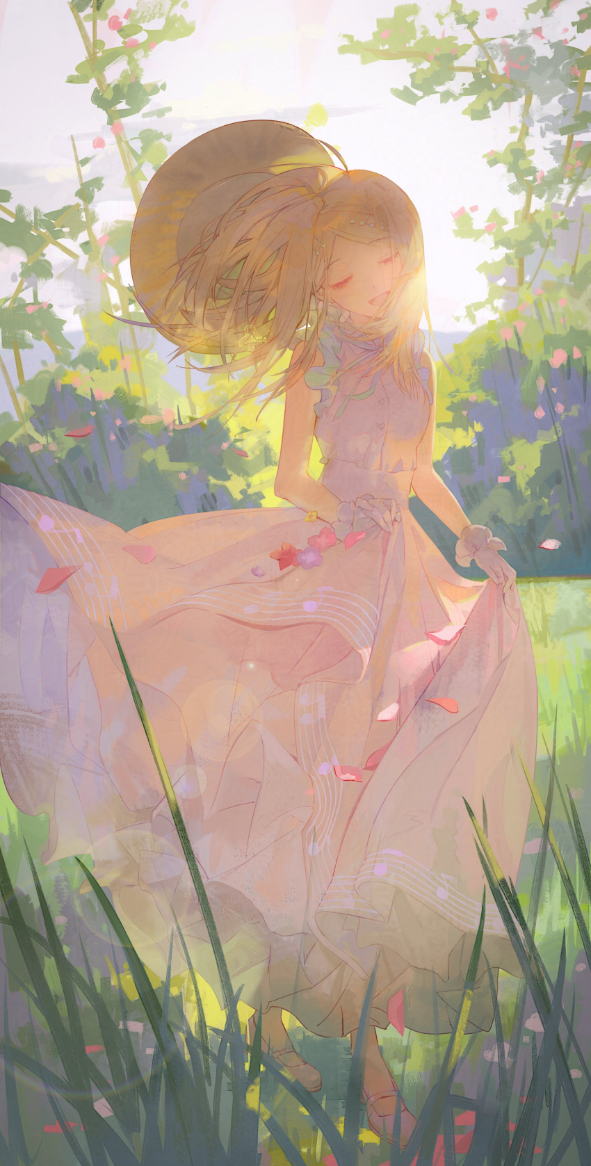 1girl, absurdres, ahoge, akamatsu_kaede, bare_shoulders, blonde_hair, breasts, closed_mouth