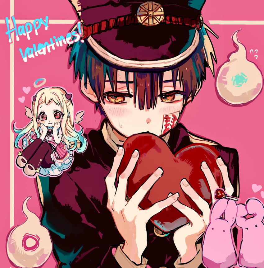 1boy, 1girl, blunt_ends, blush, brown_hair, center-flap_bangs, chibi, chibi_inset