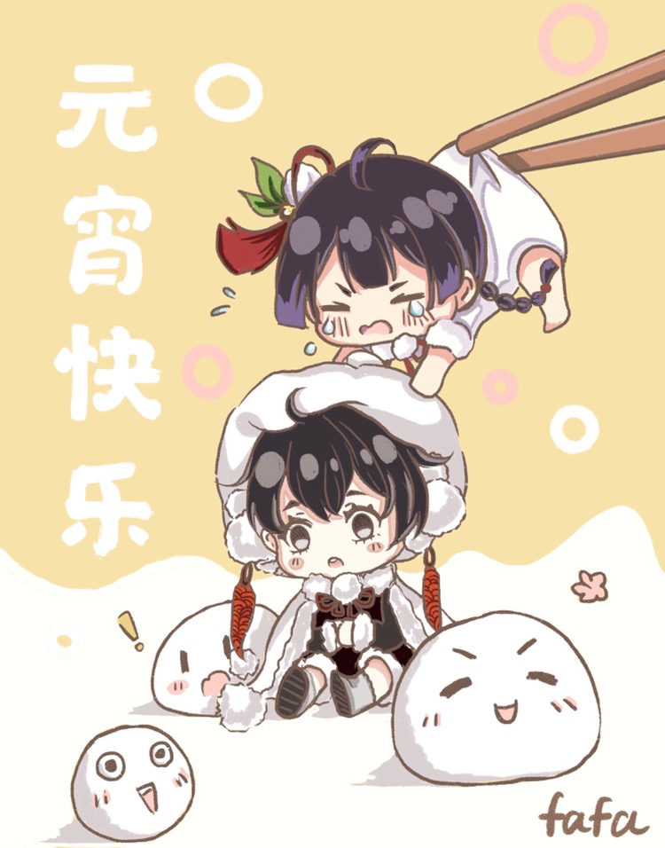 !, 2boys, =_=, ahoge, barefoot, beret, black_eyes, black_hair