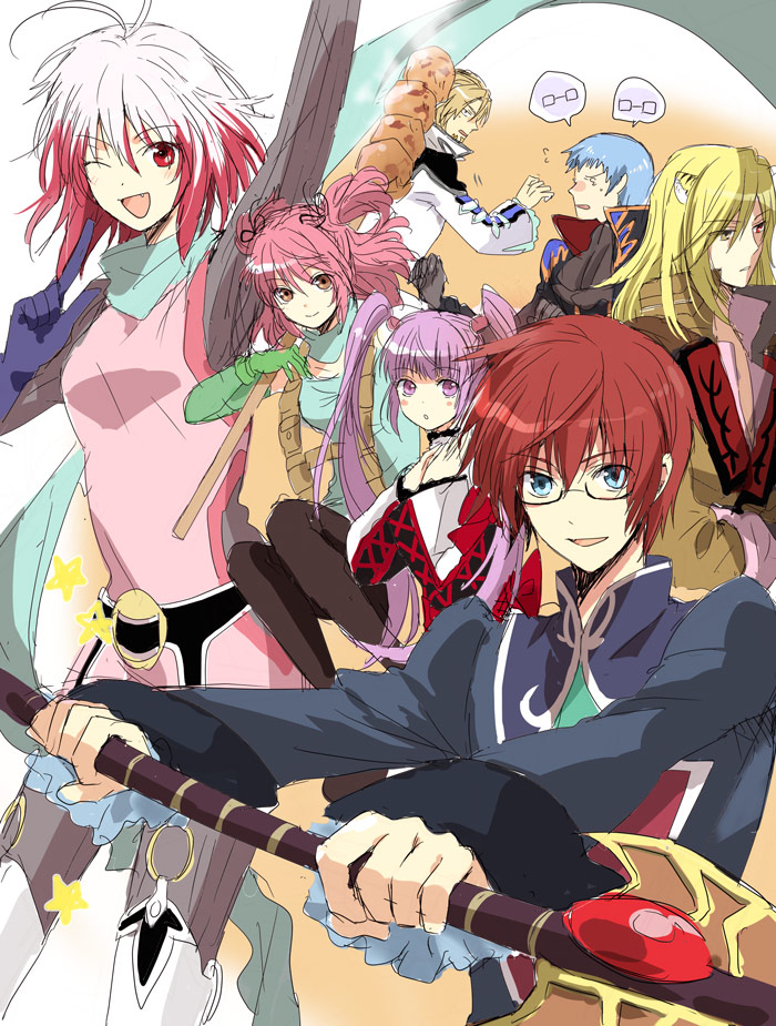 4boys, aotsuki_ren, asbel_lhant, asbel_lhant_(cosplay), bespectacled, blonde_hair, blue_hair, brown_hair