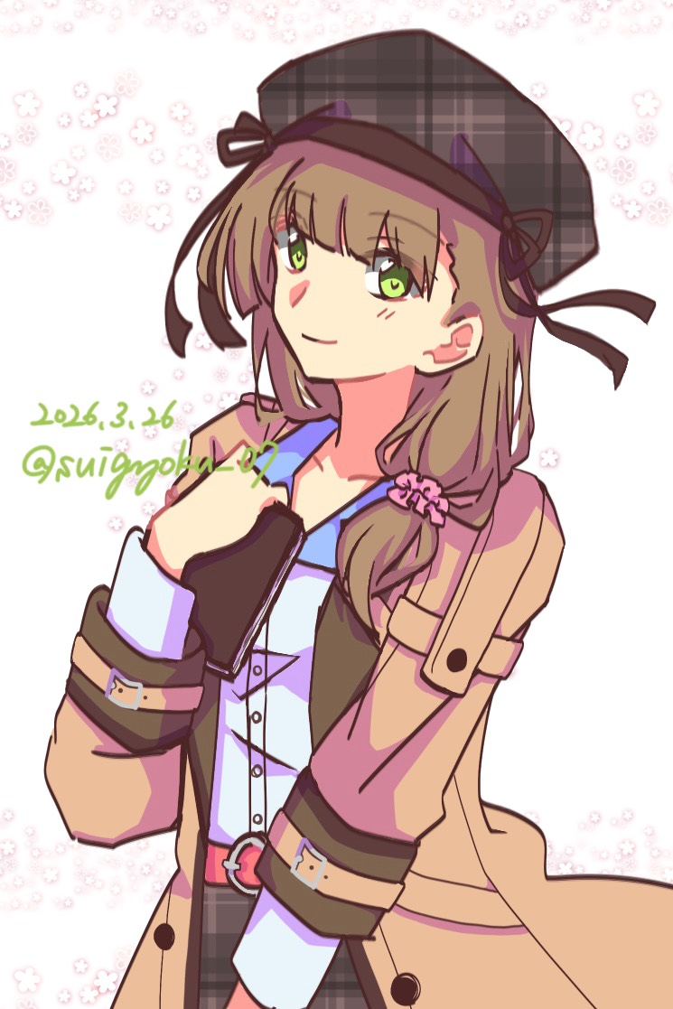1girl, belt, beret, brown_coat, brown_hair, closed_mouth, coat, collared_shirt, commentary, dated, eiyuu_densetsu, green_eyes, hair_over_shoulder, hat, holding, holding_notepad, kuro_no_kiseki_(series), kuro_no_kiseki_i, kuro_no_kiseki_ii, long_hair, long_sleeves, looking_at_viewer, low-tied_long_hair, marielle_ayme, notepad, open_clothes, open_coat, pink_scrunchie, plaid_hat, scrunchie, shirt, simple_background, smile, solo, suigyoku_07, twitter_username, upper_body, white_background, white_shirt