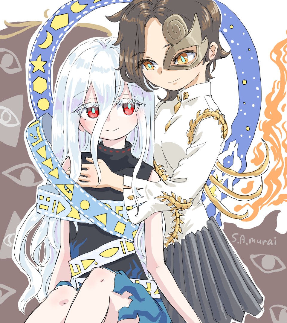 2girls, artist_name, asymmetrical_wings, black_dress, blue_dress, breasts, brown_mask, commentary_request