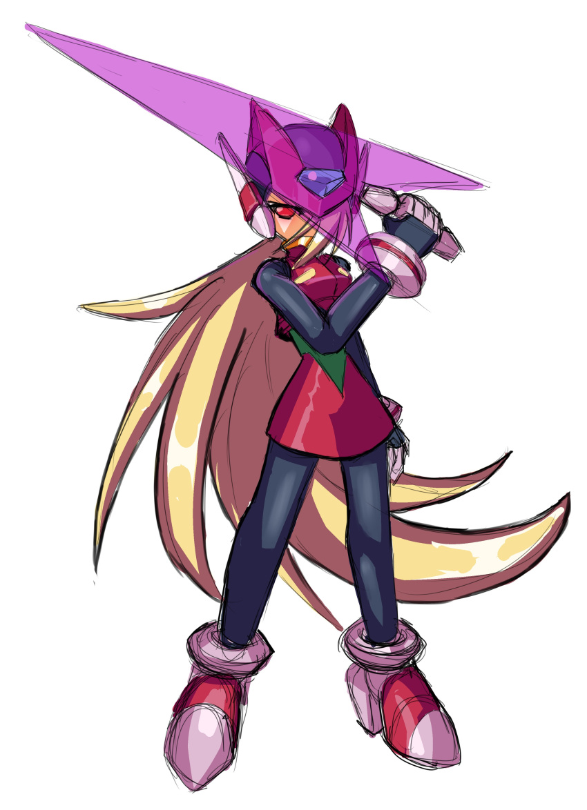 1girl, absurdres, black_pantyhose, blonde_hair, blue_gem, cropped_vest, energy_blade, energy_sword, forehead_jewel, full_body, gem, genderswap, genderswap_(mtf), hair_over_one_eye, hand_up, helmet, high_heels, highres, long_hair, mega_man_(series), mega_man_zero_(series), midnight_bliss, omega_(mega_man), pantyhose, red_helmet, red_shoes, red_skirt, red_vest, rememberthesea, shoes, simple_background, sketch, skirt, solo, sword, very_long_hair, vest, weapon, white_background, z_saber