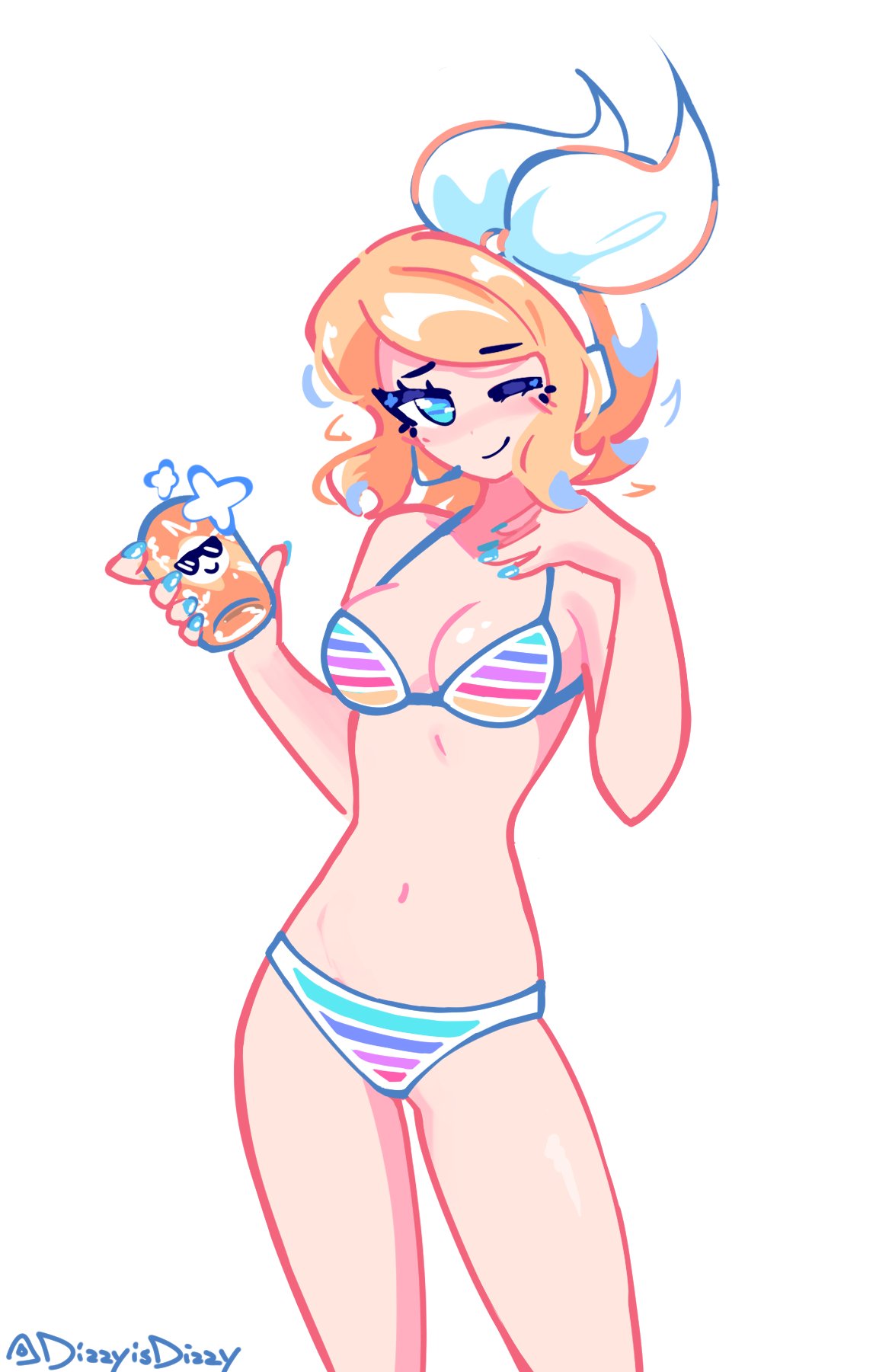 1girl, bikini, blonde_hair, blue_eyes, blue_nails, bow, can, commentary, dizzyisdizzy, drink_can, english_commentary, hair_bow, highres, holding, holding_can, kagamine_rin, kagamine_rin_(swimwear), navel, rainbow_bikini, soda_can, swimsuit, vocaloid, white_bow