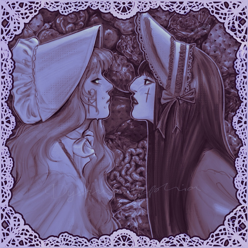 2girls, black_hair, black_lips, bonnet, border, bow, commentary, cross, cross_facial_mark, dysmaryphia, english_commentary, face_piercing, facial_mark, fear_&amp;_hunger_(series), fear_&amp;_hunger_2:_termina, frilled_hat, frills, from_side, gothic_lolita, hat, highres, hime_cut, limited_palette, lolita_fashion, long_hair, looking_at_another, looking_at_viewer, marina_(fear_&amp;_hunger), monochrome, mouth_piercing, multiple_girls, neck_ribbon, outline, parted_lips, piercing, pink_theme, ribbon, samarie_(fear_&amp;_hunger), sweat, wavy_hair, white_outline, yuri