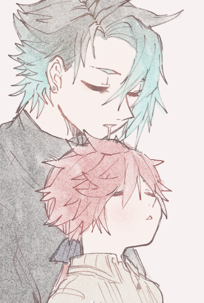 2boys, aqua_hair, black_hair, black_shirt, buttons, casual, charles_perrault_(grimms_notes), closed_eyes
