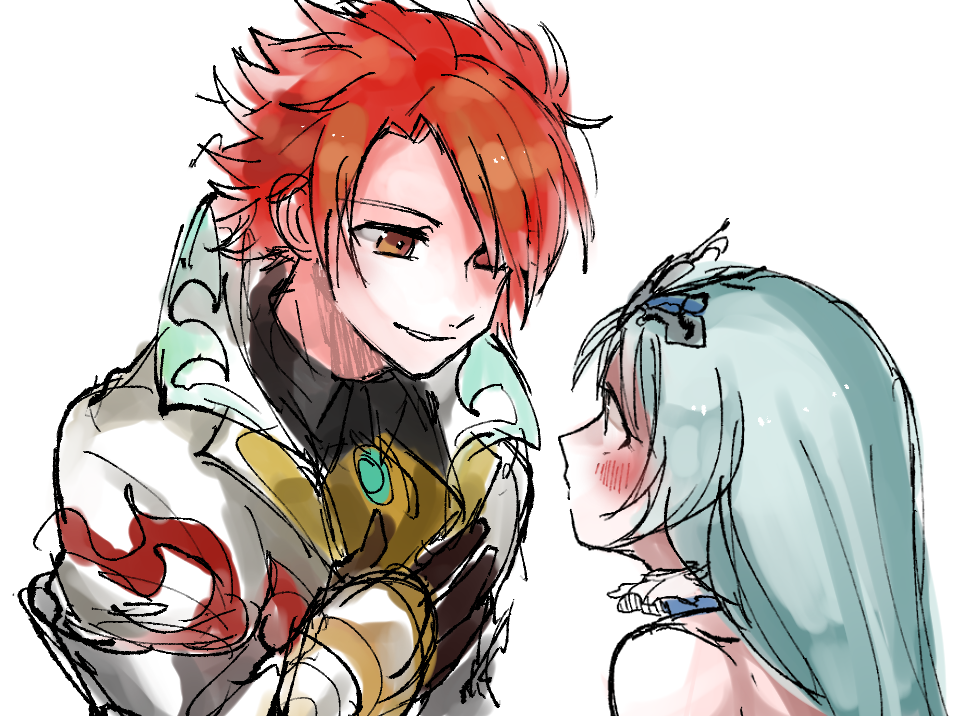 1boy, 1girl, aqua_hair, bare_shoulders, brown_eyes, brown_gloves, commentary_request, gloves