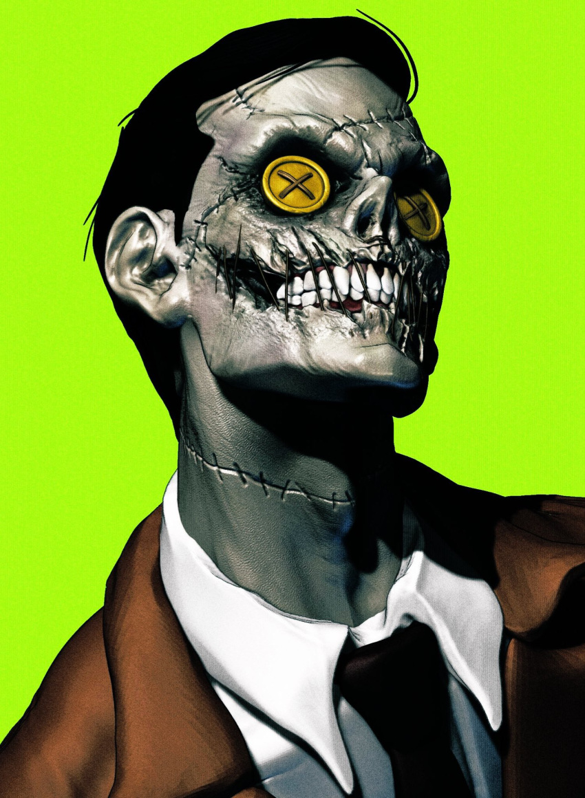 1boy, absolute_batman, absolute_dc, batman_(series), commentary, creepy_eyes, dc_comics, deformed, formal_clothes, highres, horror_(theme), male_focus, necktie, no_nose, open_mouth, scarecrow_(batman), solo, suit, wazzestudio