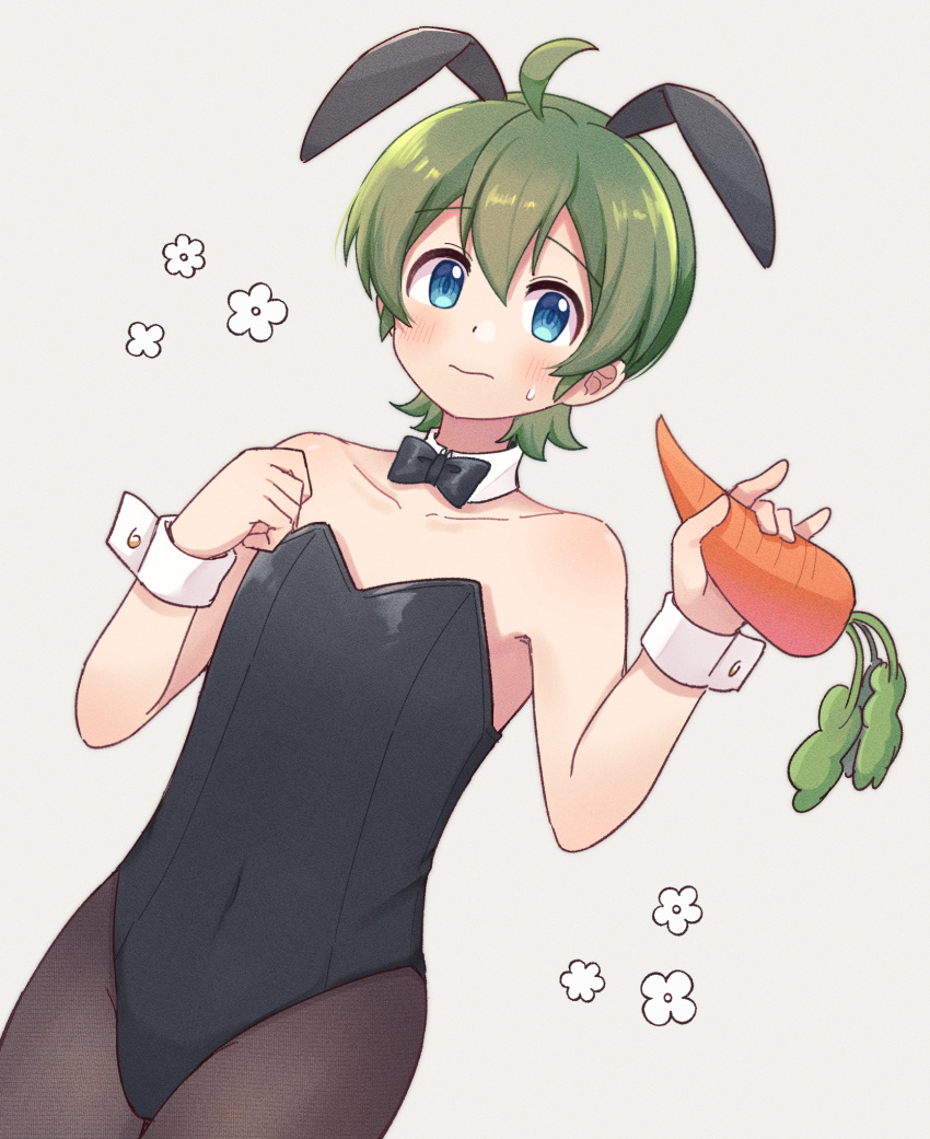 1boy, ahoge, animal_ears, black_leotard, blue_eyes, carrot, commentary_request, covered_navel
