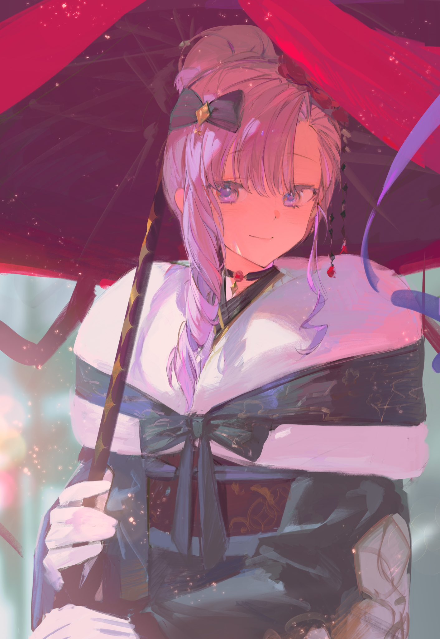 1girl, black_kimono, blurry, blurry_background, bow, closed_mouth, drill_hair, flower