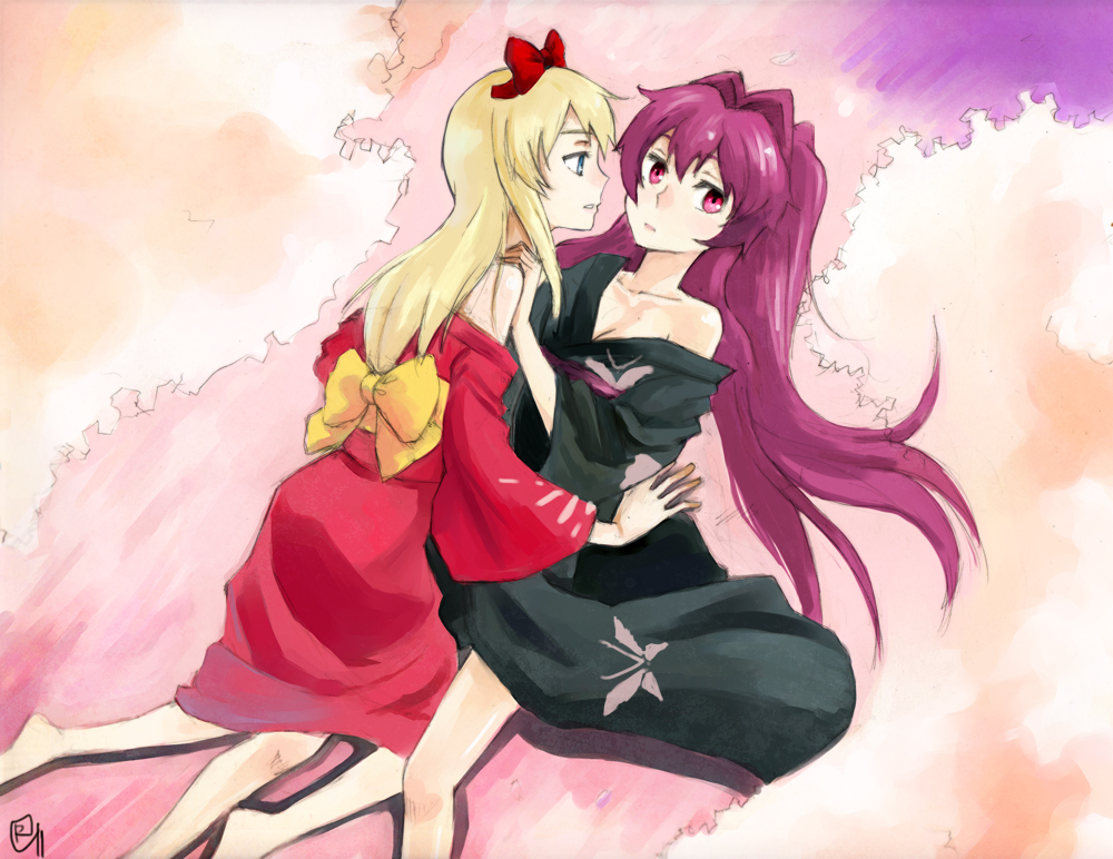 bad_id, barefoot, blonde_hair, blush, bow, ener, hair_bow, japanese_clothes, kimono, long_hair, lying, multiple_girls, off_shoulder, purple_hair, red_eyes, sugiura_ayano, toshinou_kyouko, yukata, yuri, yuru_yuri