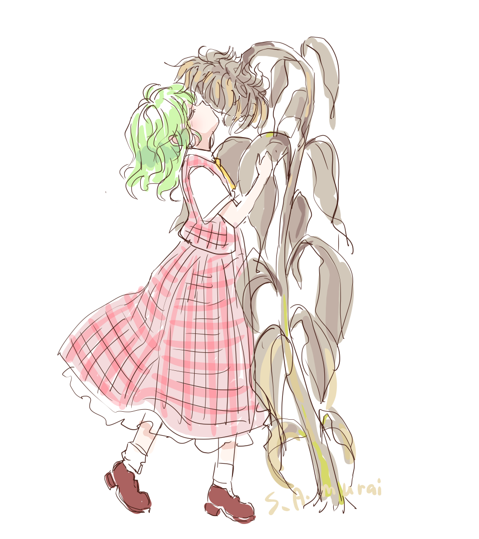 1girl, artist_name, ascot, brown_shoes, closed_eyes, commentary_request, flower, full_body