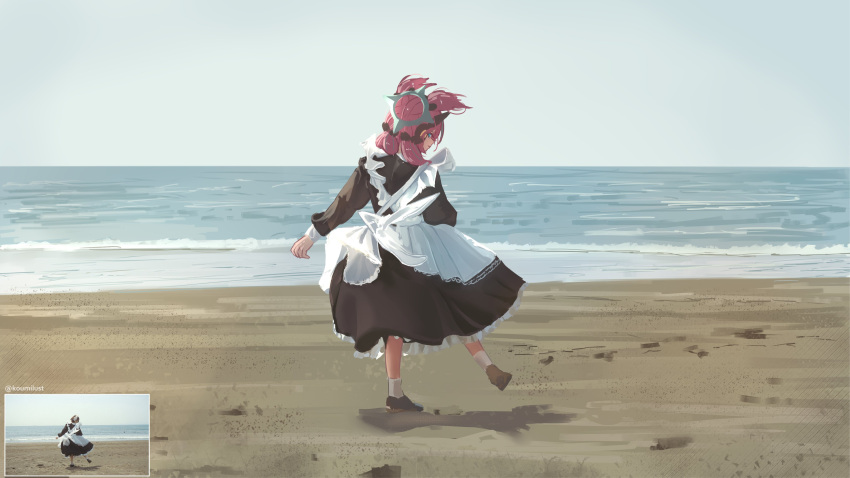 1girl, absurdres, alternate_costume, aqua_hair, aqua_streaks, aria_(zenless_zone_zero), beach, black_dress