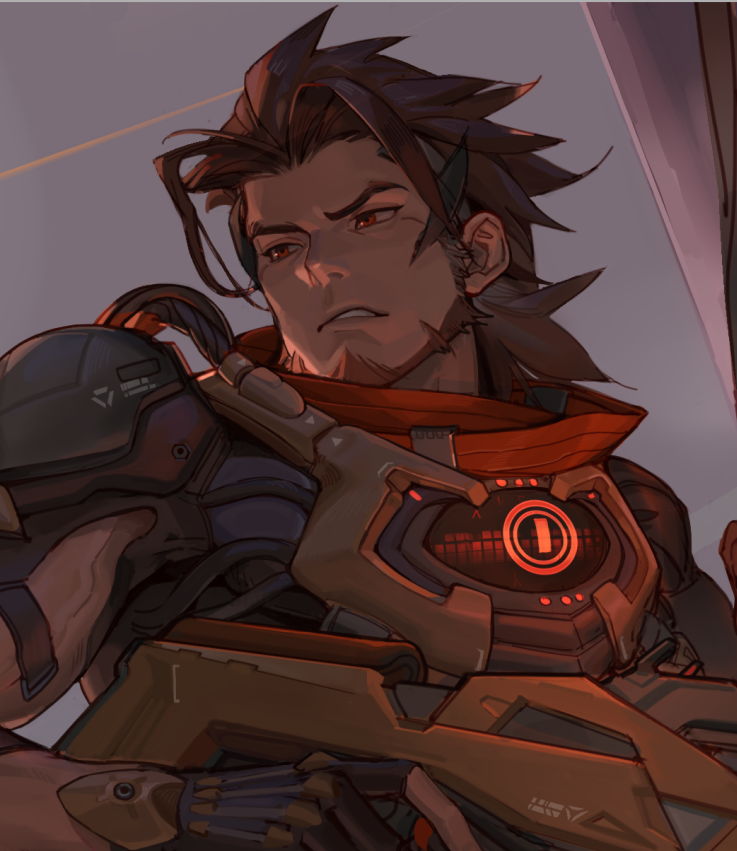 1boy, beard, black_gloves, brown_hair, clenched_teeth, commentary, cropped, emre_(overwatch)