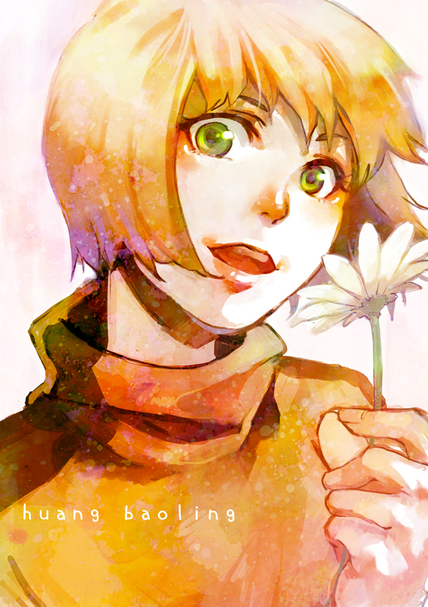 bruce_lee's_jumpsuit, bruce_lee's_jumpsuit, flower, green_eyes, huang_baoling, makoto1009, open_mouth, short_hair