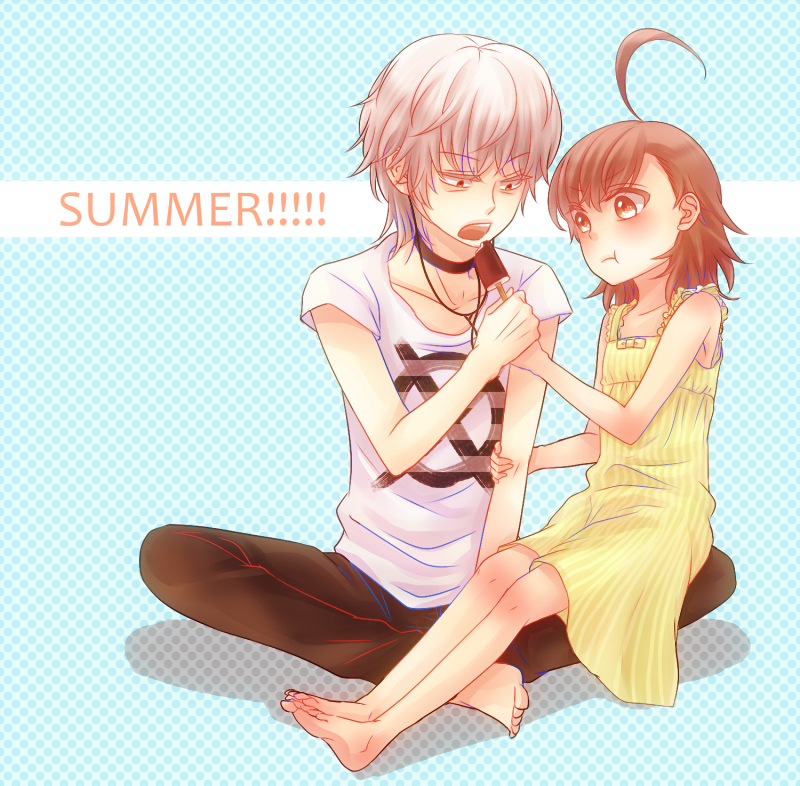 accelerator_family, ahoge, albino, barefoot, brown_eyes, brown_hair, choker, dress