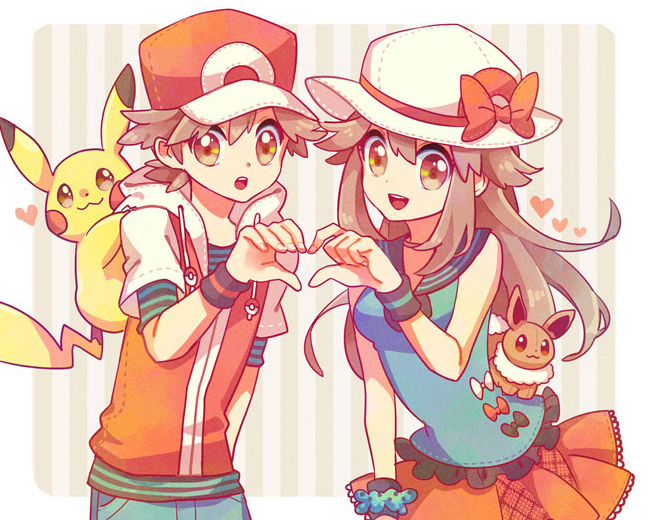 1boy, 1girl, border, bow, brown_hair, commentary_request, eevee, hat