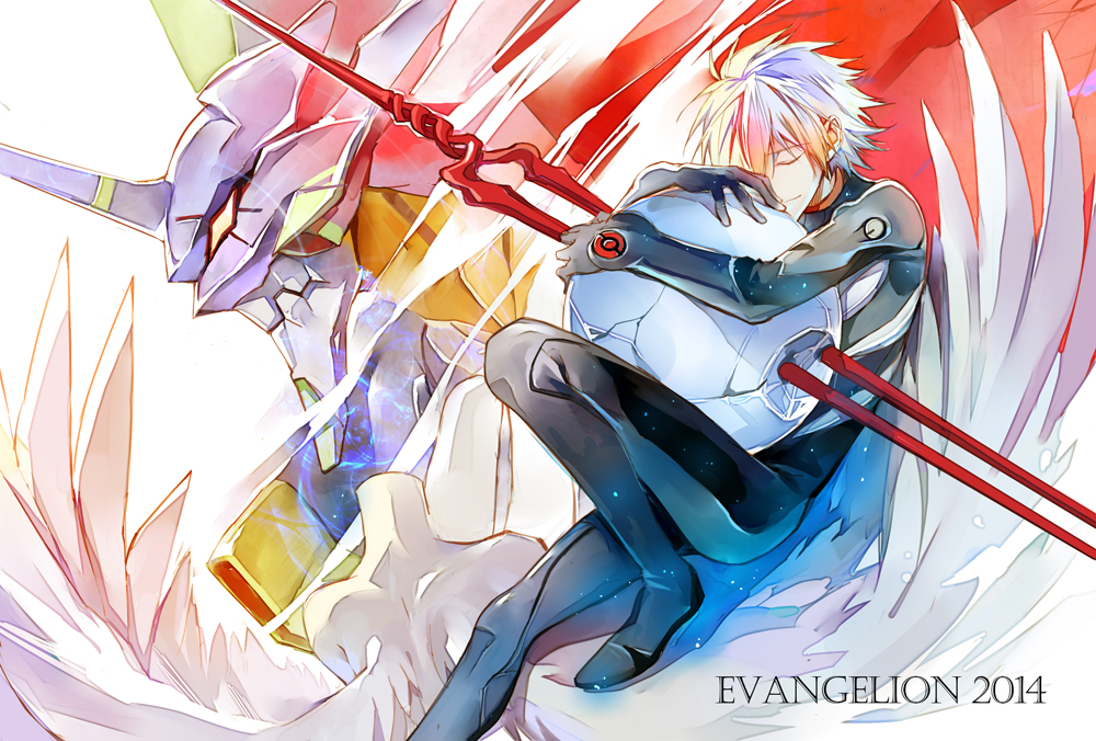 1boy, closed_eyes, closed_mouth, commentary, english_commentary, eva_01, feathered_wings, hug
