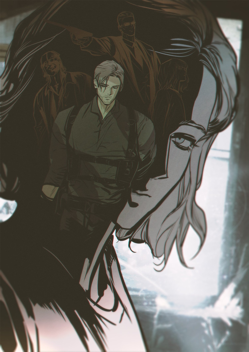 1girl, 3boys, black_shirt, grace_ashcroft, highres, leon_s._kennedy, messy_hair, multiple_boys