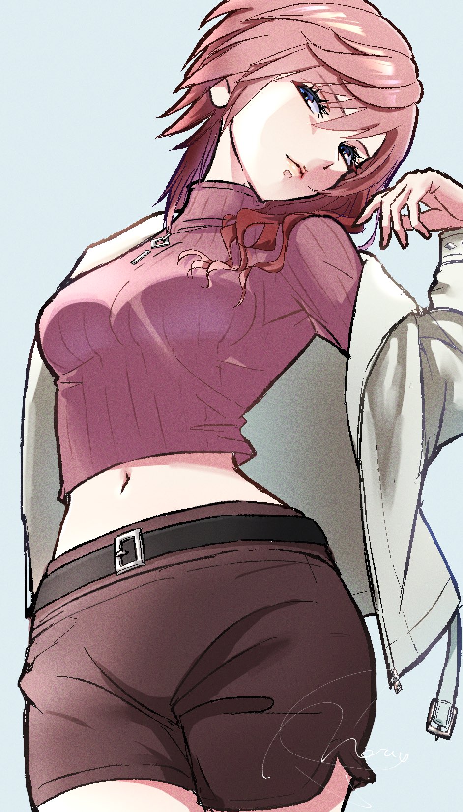 1girl, belt, commentary_request, crop_top, dissidia_duellum_final_fantasy, dissidia_final_fantasy, final_fantasy, final_fantasy_xiii, head_tilt, highres, jacket, lightning_farron, lightning_farron_(modern_jacket), looking_at_viewer, meru_merume603, midriff, navel, off_shoulder, official_alternate_costume, pink_hair, shirt, shorts, solo, stomach, turtleneck, turtleneck_shirt, white_jacket