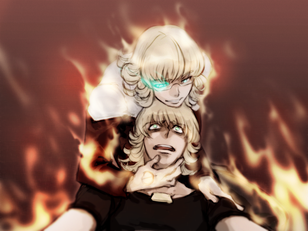 blonde_hair, buring, burning, dual_persona, fire, glasses, glowing, glowing_eyes