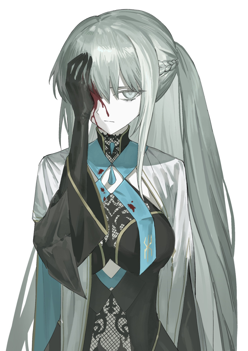 1girl, absurdres, black_dress, black_gloves, blood, blood_on_face, blue_eyes, braid