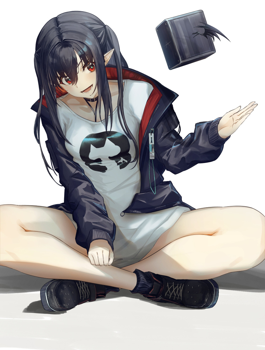 1girl, absurdres, arknights, black_choker, black_hair, black_jacket, black_shoes, choker
