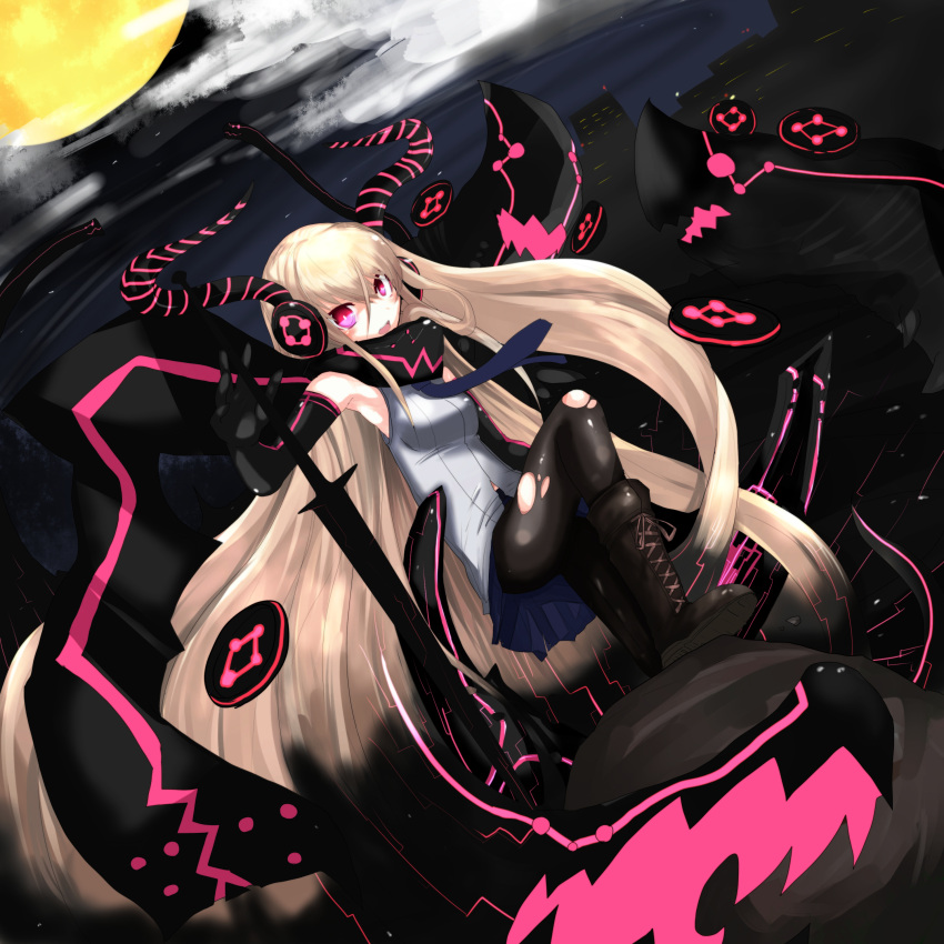 black_legwear, blonde_hair, blush, boots, cloud, elbow_gloves, gloves, highres