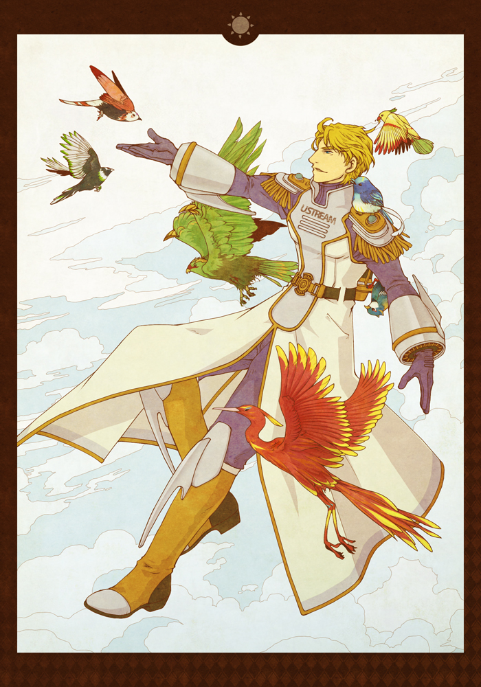 animalization, barnaby_brooks_jr, bird, blonde_hair, blue_eyes, blue_rose_(tiger_&amp;_bunny), boots, crane