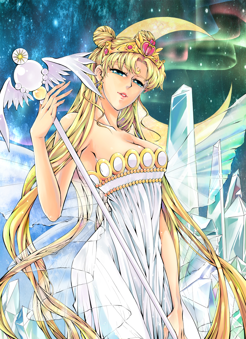 adult, bishoujo_senshi_sailor_moon, blonde_hair, blue_eyes, breasts, cleavage, crescent_moon, crystal