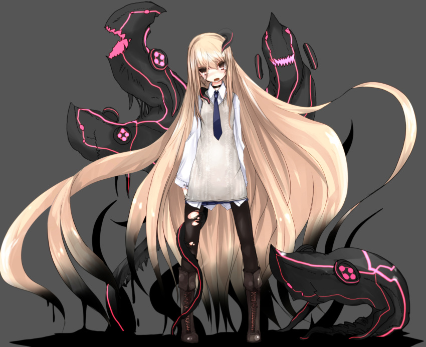 black_hair, black_legwear, blonde_hair, blush, boots, brown_eyes, highres, long_hair