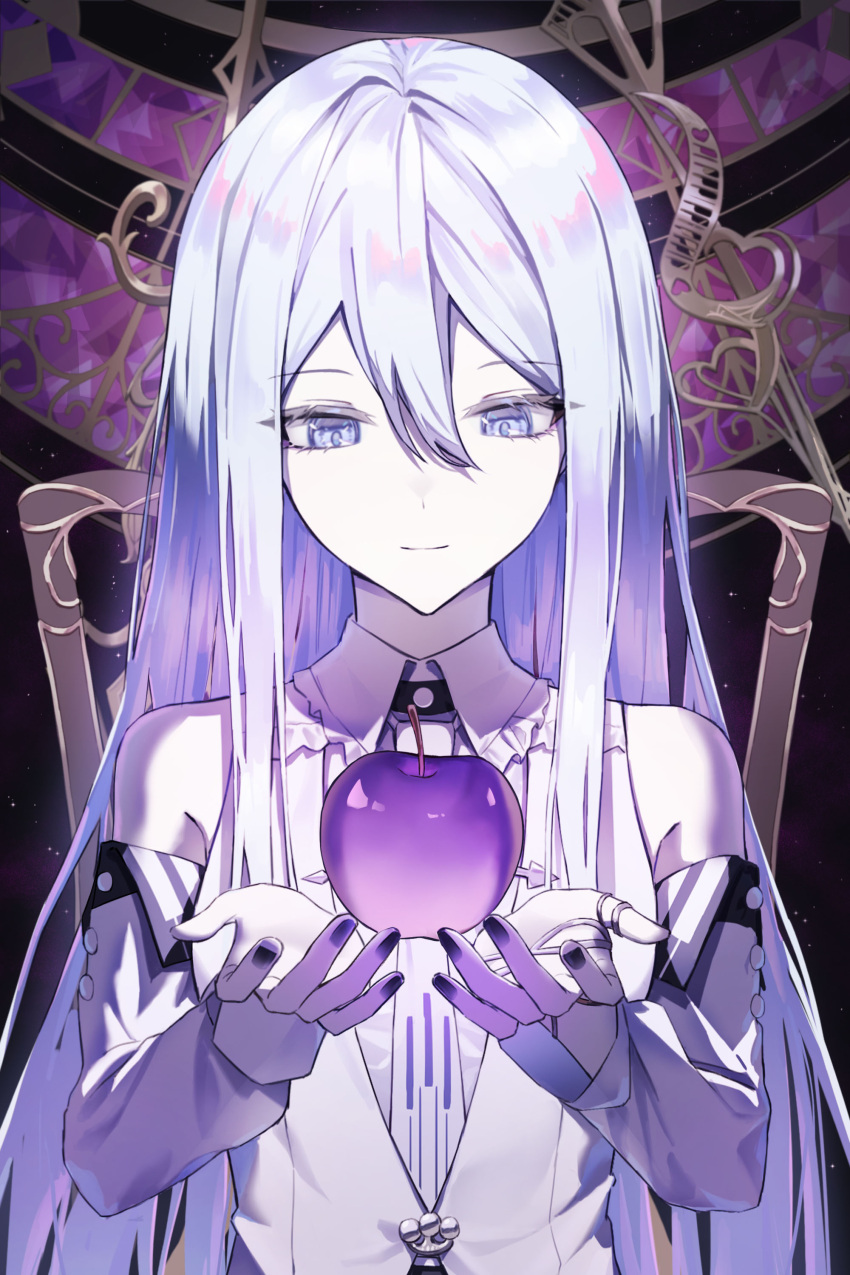 1girl, absurdres, apple, armpit_crease, bare_shoulders, black_nails, blue_eyes, breasts