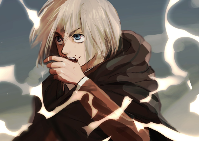 1boy, armin_arlert, biting, biting_own_hand, blonde_hair, blood, blood_on_face, blood_on_hands