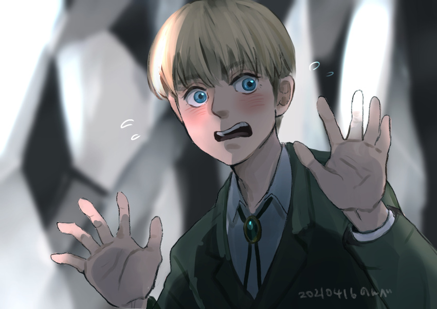 1boy, armin_arlert, blonde_hair, blue_eyes, blurry, blurry_background, blush, commentary_request