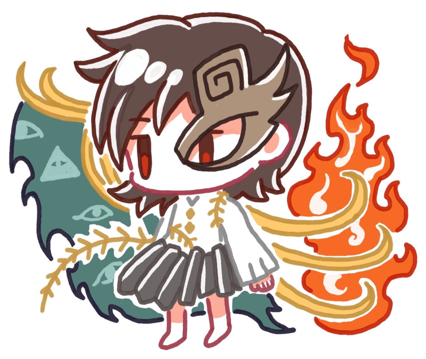 1girl, asymmetrical_wings, brown_hair, chibi, chibi_only, commentary, fiery_wings, fire