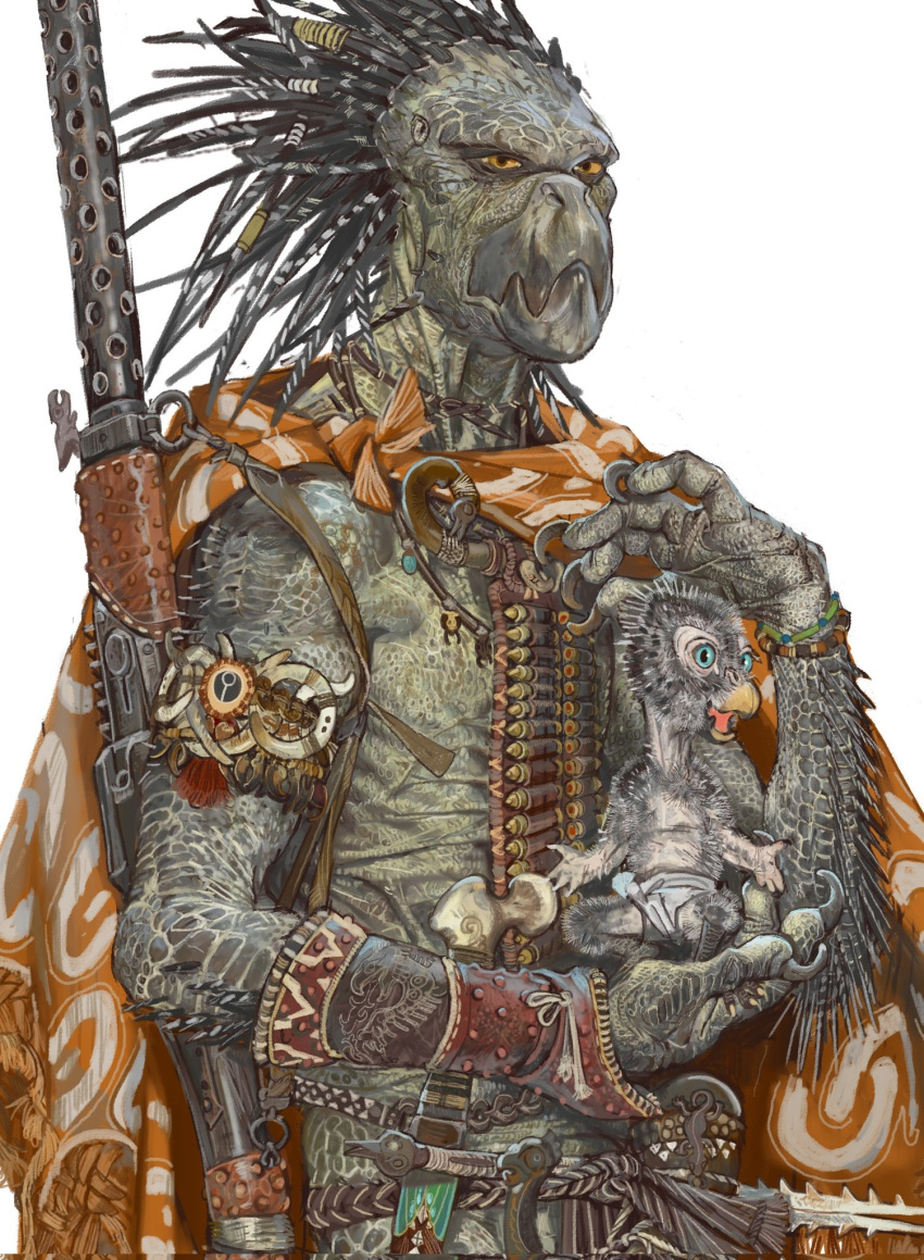 2boys, ammunition, armlet, baby, beak, blue_eyes, carrying, carrying_baby