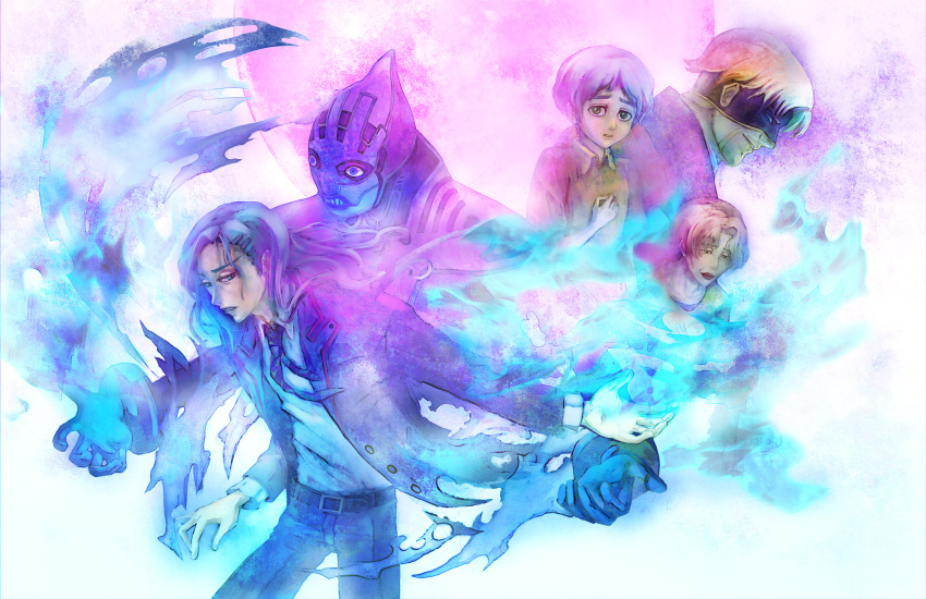 blonde_hair, blue_fire, blue_flame, cape, child, chrom023, fire, formal, full_moon, gloves, glowing, glowing_eyes, grey_hair, hair_ornament, hairclip, highres, legend_(tiger_&amp;_bunny), lips, long_hair, lunatic_(tiger_&amp;_bunny), male, mask, moon, multiple_boys, multiple_persona, necktie, olga_petrov, olga_petrova, pale_skin, short_hair, silver_hair, spoilers, suit, superhero, tiger_&amp;_bunny, time_paradox, young, yuri_petrov