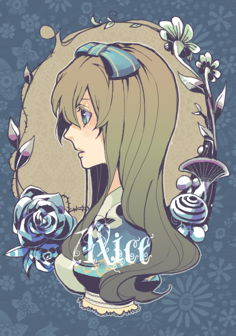 alice_liddell, apron, bangs, blue_eyes, blush, bow, brown_hair, floral_print, flower, frills, hair_bow, heart_no_kuni_no_alice, leaf, long_hair, megu_(megu-milk), mushroom, open_mouth, profile, puffy_sleeves, ribbon, rose, side, solo, text