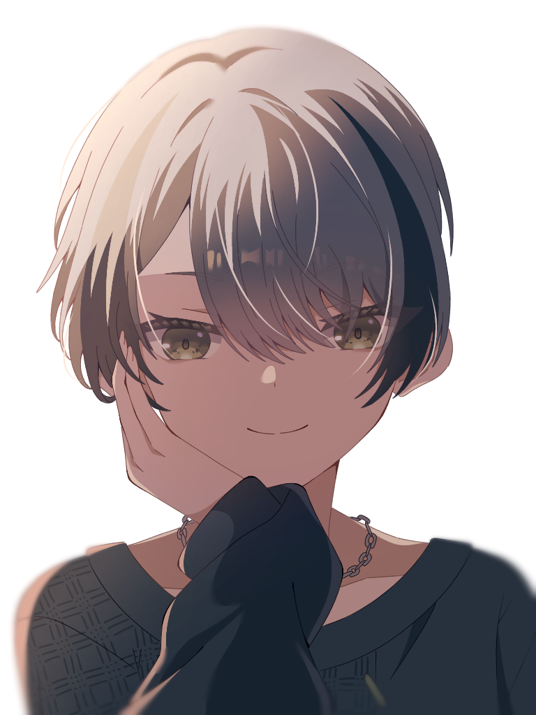 1girl, androgynous, black_shirt, black_streaks, bloom_festival_(project_sekai), chain, chain_necklace, closed_mouth