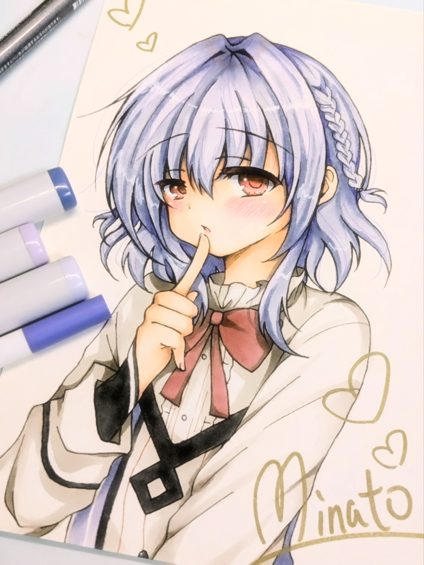 1boy, art_tools_in_frame, asuka_minato, blue_hair, blush, bow, bowtie, braid