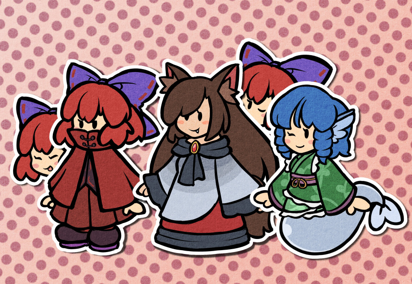3girls, ;), absurdres, animal_ears, black_shoes, blue_hair, bow, brown_hair