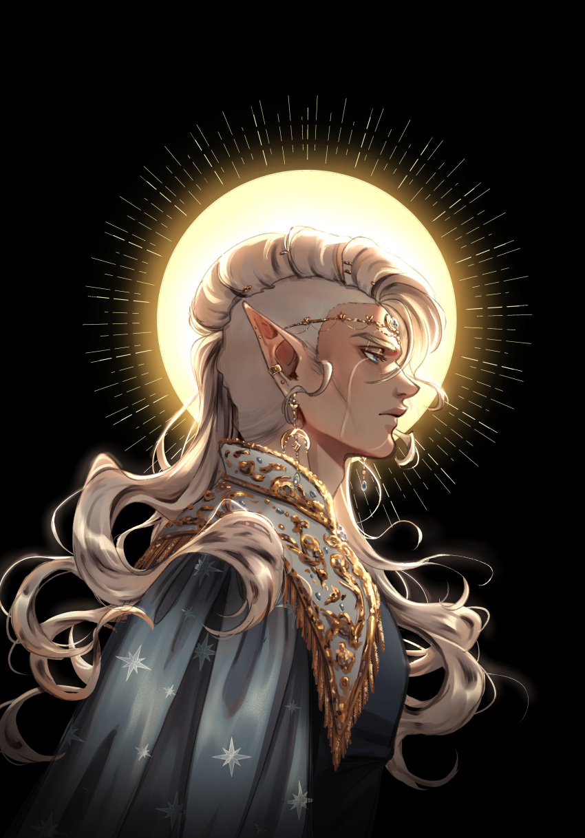 1boy, absurdres, black_background, blue_cape, blue_eyes, blue_gem, cape, circlet